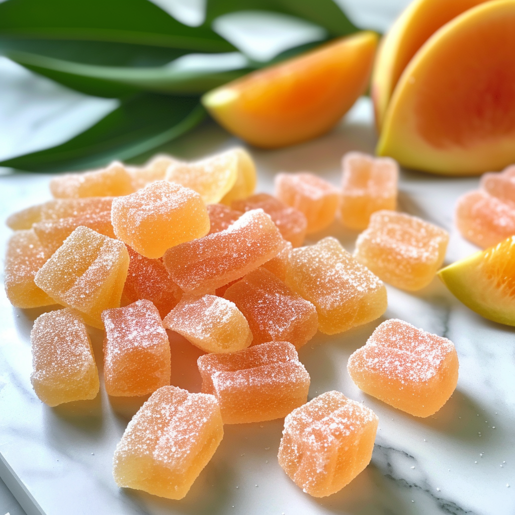 a close up of gummy supplements made from oranges with a sugar coating