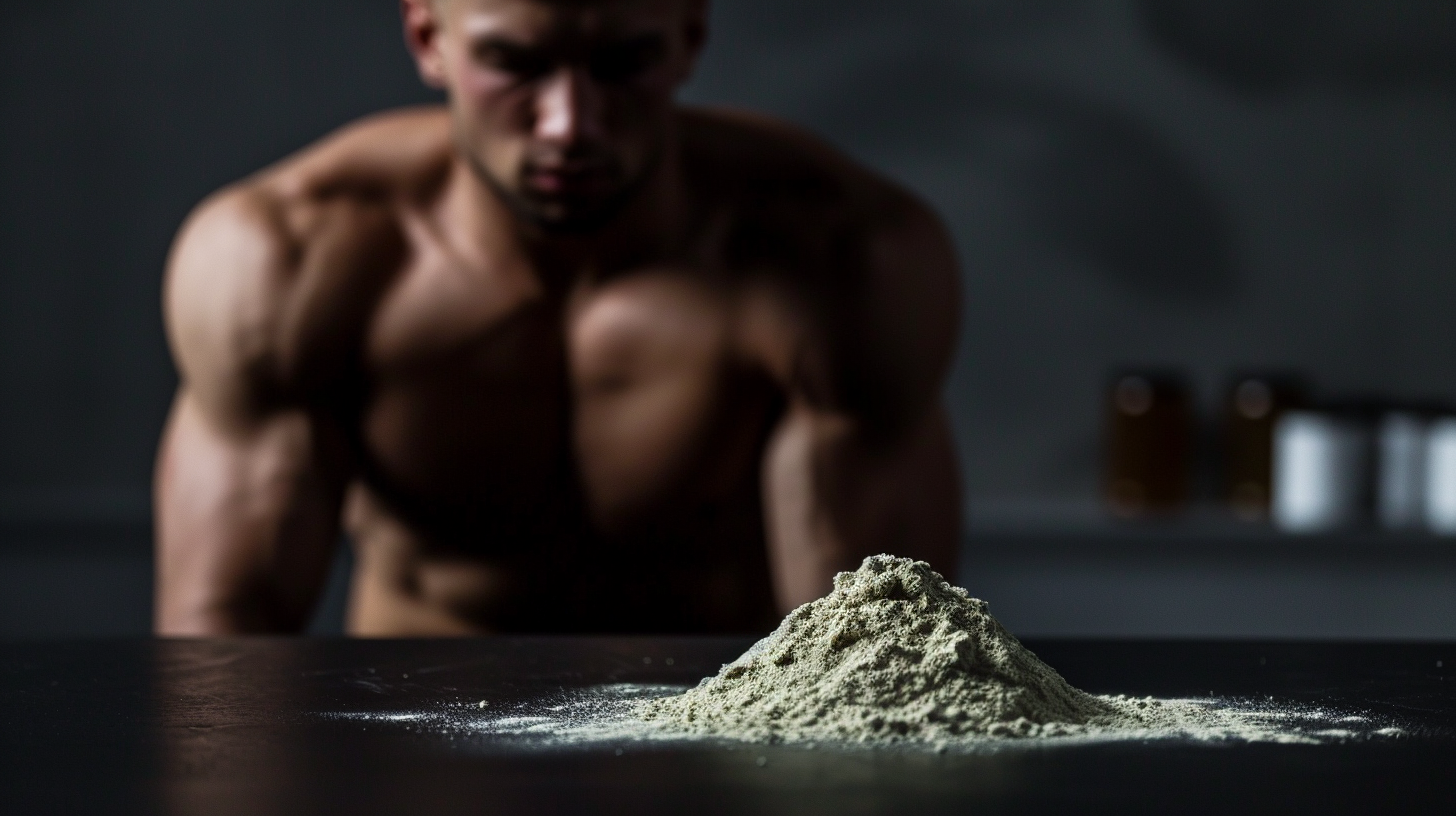 A fit man standing behind a pile of his powder supplements on a counter