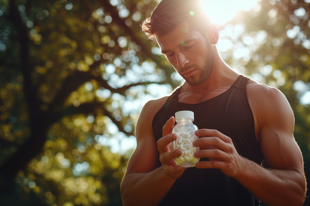 man holding white labeled sports nutrition supplements manufactured by Somafina