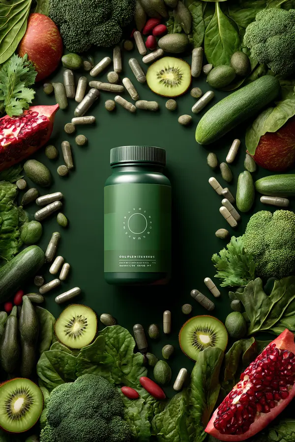 Close-up of canister packaging filled with supergreens powder