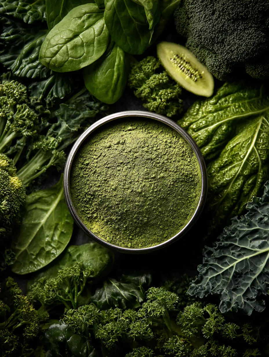 private label supergreens supplement surrounded by kale, spinach, cucumber, and other natural ingredients