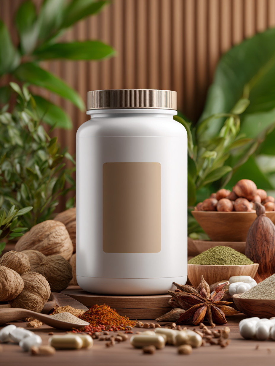 “Blank white supplement tub with screw-on lid on plain background, ready for private label branding