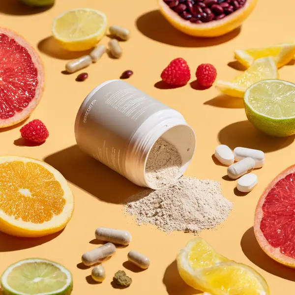 supplement canister manufactured by somafina and surrounded by natural ingredients