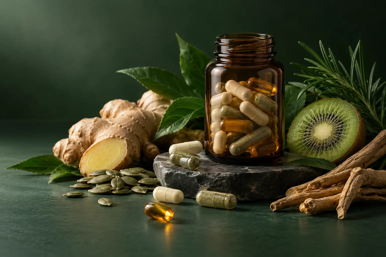 Capsules and botanical ingredients representing gut health, performance and healthy aging formulations